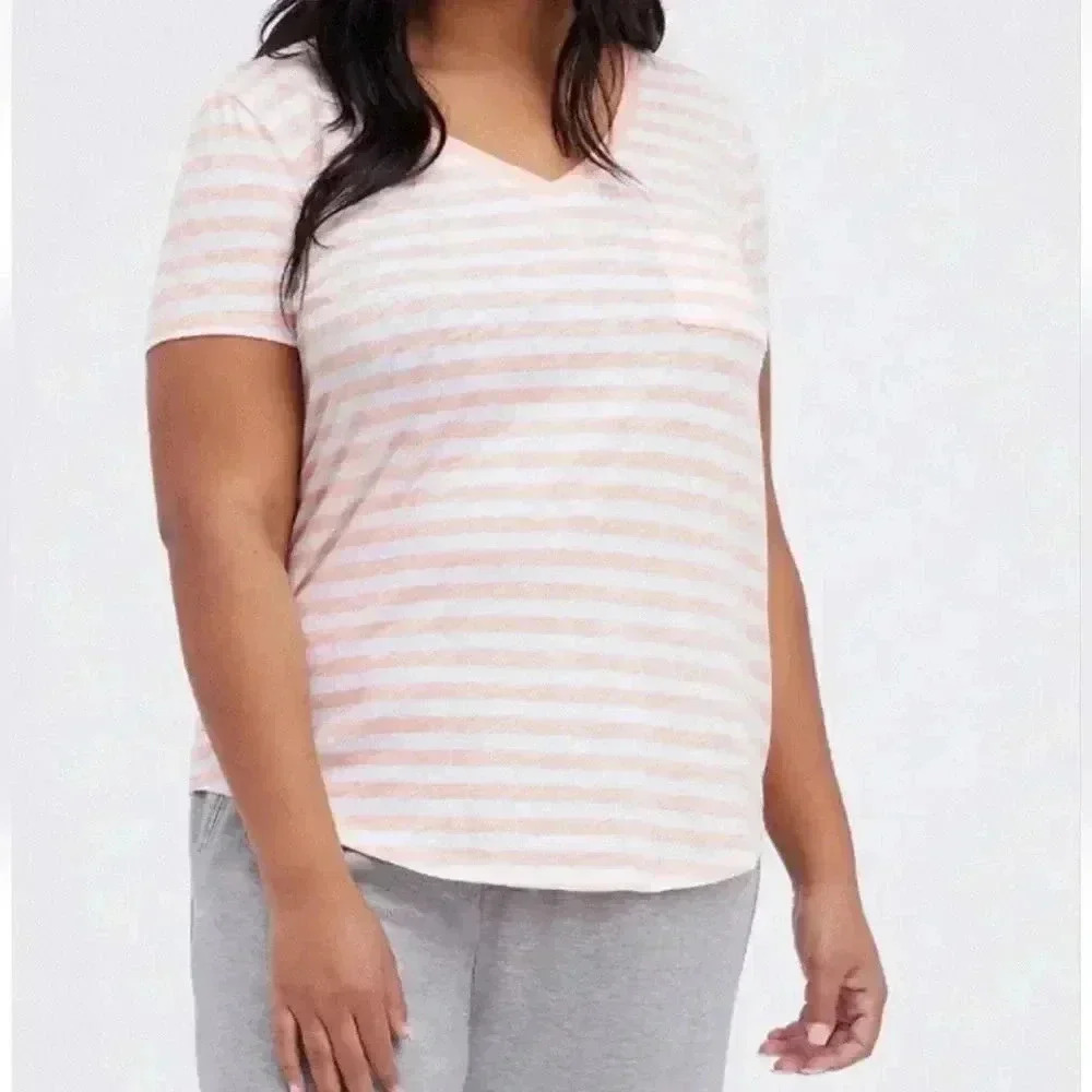 Torrid Classic Fit Striped Cotton Pocket Tee Top Peach & White Plus Size 2X